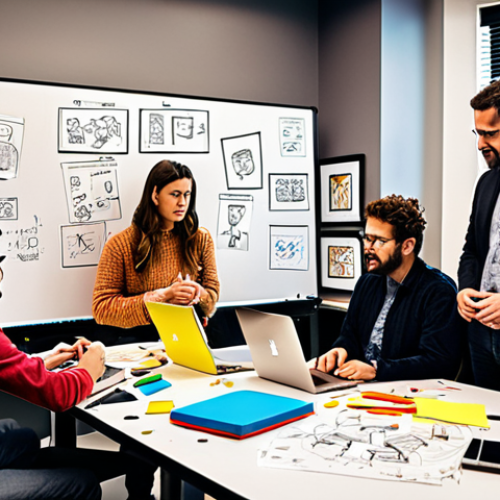 **

A vibrant, collaborative workspace. A diverse group of people (engineers, artists, sociologists, programmers) are huddled around a whiteboard covered in sketches, diagrams, and sticky notes. The atmosphere is energetic and creative. Laptops and coffee cups are scattered around. The overall tone is innovative and collaborative. Bright, modern colors.

**