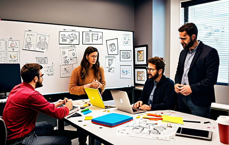 **

A vibrant, collaborative workspace. A diverse group of people (engineers, artists, sociologists, programmers) are huddled around a whiteboard covered in sketches, diagrams, and sticky notes. The atmosphere is energetic and creative. Laptops and coffee cups are scattered around. The overall tone is innovative and collaborative. Bright, modern colors.

**