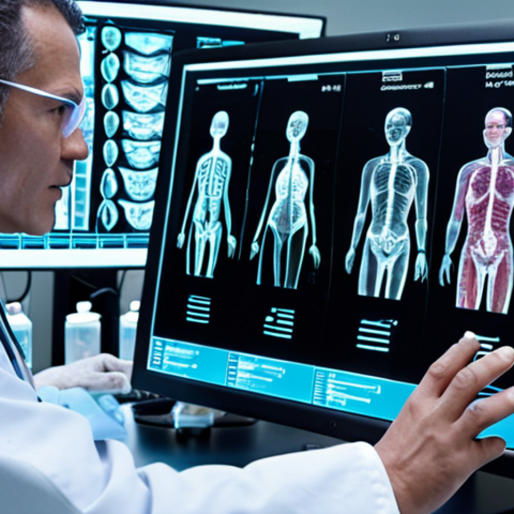 A futuristic medical laboratory where a doctor and an advanced artificial intelligence system are collaboratively analyzing complex holographic data related to a patient's DNA. The scene emphasizes personalized medicine, with glowing genomic sequences and tailored drug simulations displayed on transparent screens, symbolizing precise diagnosis and custom treatments. The atmosphere is highly scientific, clean, and forward-thinking.