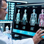 A futuristic medical laboratory where a doctor and an advanced artificial intelligence system are collaboratively analyzing complex holographic data related to a patient's DNA. The scene emphasizes personalized medicine, with glowing genomic sequences and tailored drug simulations displayed on transparent screens, symbolizing precise diagnosis and custom treatments. The atmosphere is highly scientific, clean, and forward-thinking.