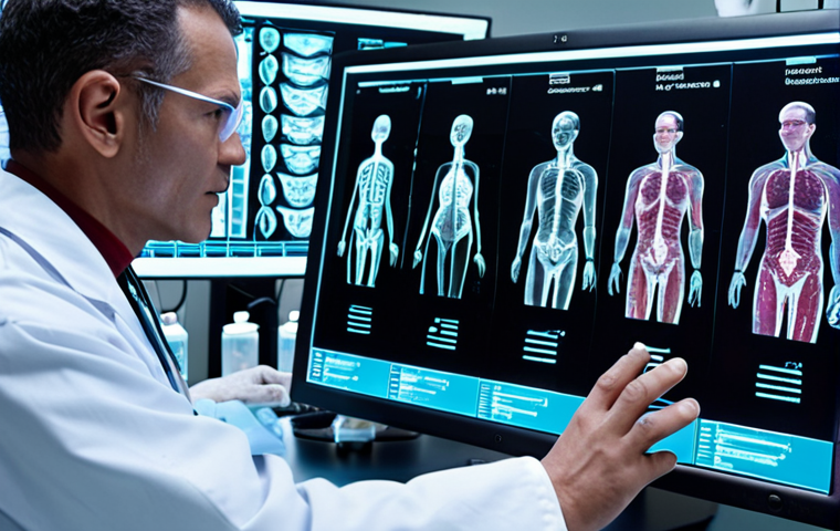 A futuristic medical laboratory where a doctor and an advanced artificial intelligence system are collaboratively analyzing complex holographic data related to a patient's DNA. The scene emphasizes personalized medicine, with glowing genomic sequences and tailored drug simulations displayed on transparent screens, symbolizing precise diagnosis and custom treatments. The atmosphere is highly scientific, clean, and forward-thinking.