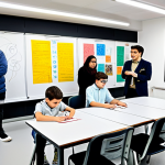 Home 10 Interdisciplinary Classroom**
"A bright and modern classroom in Italy, students working collaboratively on a project that combines art and mathematics. Students are fully clothed in appropriate, casual attire. The room is filled with colorful displays of student work showcasing geometric art and mathematical concepts. The atmosphere is engaging and collaborative. Safe for work, appropriate content, fully clothed, family-friendly, professional photography, perfect anatomy, correct proportions, natural pose, well-formed hands, proper finger count, natural body proportions."
**