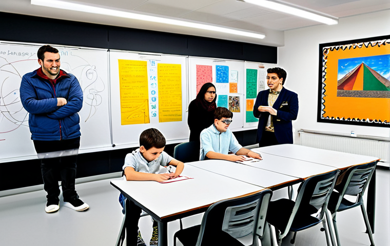 Interdisciplinary Classroom**
"A bright and modern classroom in Italy, students working collaboratively on a project that combines art and mathematics. Students are fully clothed in appropriate, casual attire. The room is filled with colorful displays of student work showcasing geometric art and mathematical concepts. The atmosphere is engaging and collaborative. Safe for work, appropriate content, fully clothed, family-friendly, professional photography, perfect anatomy, correct proportions, natural pose, well-formed hands, proper finger count, natural body proportions."
**